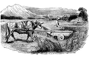 Rekonstruksjon av romersk høstevogn, som beskrevet av Plinius, Engraving, 1860 av Unbekannt