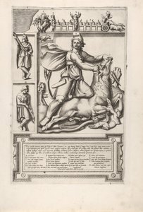 Relieff med Mithras som kneler på en okse og driver et sverd inn i skulderen, til venstre tw..., 1564. av Unbekannt