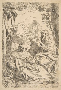 Hvil i Egypt, den hellige familie sitter mens en engel drar i en tregren..., ca. 1637-1639 eller senere. av Unbekannt