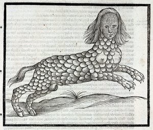 "Representation de la creature Lamia (Sybaris) Gravure dekk av "History of Four-footed Beastes" d'Edward Topsell 1607 The Lamia av Unbekannt
