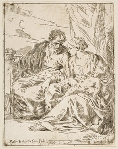 Hvil på flyturen til Egypt, Maria holder spedbarnet Kristus mens St. ..., ca. 1637-1639 eller senere. av Unbekannt