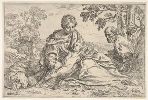 Hvil på flukten inn i Egypt, Maria holder spedbarnet Kristus med St. Josef..., ca. 1640 eller senere. av Unbekannt