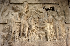 Bergrelieff som viser den sassaniske kong Shapur I (241-72), den romerske keiseren Valerian (ca. 240-260) og persiske generaler, 3. århundre (stein) av Unbekannt