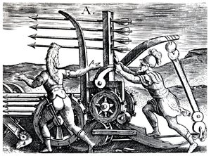 Romerske soldater som bruker en krigsmotor som skyter flere piler, 1605 av Unbekannt