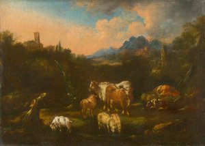 Romantisk landskap med flokk av Unbekannt