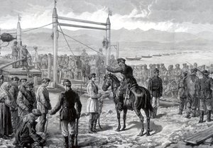 Russiske straffedømte under militær eskorte venter på å bli ferget over elven Yenisei, Sibir, 1882 av Unbekannt