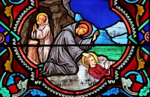 Hellig hjerte kirke. Glassmaleri vindu. Benedikt av Nursia. St. Benedict er skytshelgen for Europa og studenter, 20160604, Moulins, Frankrike av Unbekannt