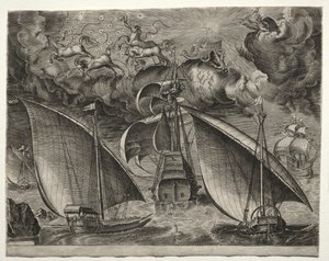 Seilfartøy: To bysser som seiler bak en væpnet tremester med Phaeton..., 1561-65. av Unbekannt