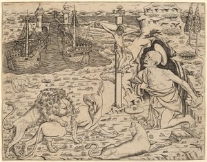 Saint Jerome in Penitence, med to skip i en havn, ca. 14801500. av Unbekannt