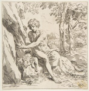 Døperen Johannes i ørkenen, kopi i revers etter Cantarini, ca. 1637-1639 eller senere. av Unbekannt
