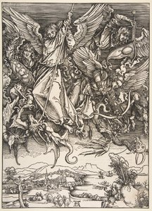 Saint Michael Fighting the Dragon, fra The Apocalypse, 1498. av Unbekannt