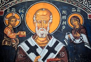 Saint Nicholas omgir Kristus og Maria Bysantinsk freskomaleri fra det 14. århundre (1332) Nathex, sørveggen Phorbiotissa Jomfrukirken, Asinou Unesco-sted Troodos-regionen, Kypros av Unbekannt