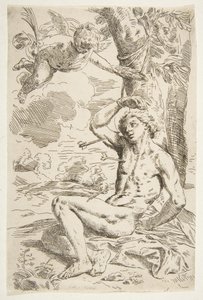 Saint Sebastian gjennomboret med piler og bundet til et tre, kopi etter Cantarini, ca. 1639 eller senere. av Unbekannt