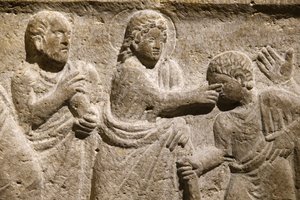 Saint Victor-klosteret, Marseille. Sarkofagdetalj: Jesus helbreder en blind mann. Frankrike av Unbekannt