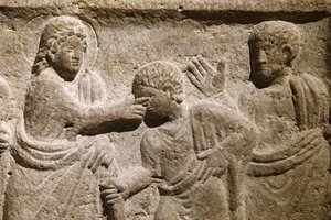 Saint Victor-klosteret, Marseille. Sarkofagdetalj: Jesus helbreder en blind mann. Frankrike av Unbekannt
