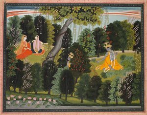 Sakhi overtaler Radha til å møte Krishna, fra Lambagraon Gita Govinda..., ca. 1820-1825. av Unbekannt