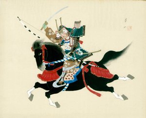 Samurai Warrior rir på en hest. Et japansk maleri på silke, i tradisjonell japansk stil av Unbekannt
