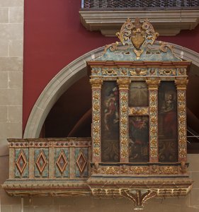 Helligdom (El Miracle). Kirken. Interiør. Orgelet. Tre polykrom konstruksjon. Tre malerier på lerret (?). 1593. av Unbekannt