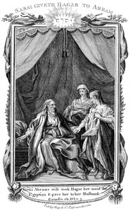 Sarah, Abrahams kone, som er ufruktbar, tilbyr Hagar sin hushjelp til mannen sin, c1804 av Unbekannt