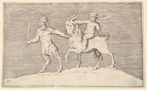 Satyr Leading Goat som et spedbarn rir på, publisert ca. 1599-1622. av Unbekannt