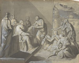 Scene med presentasjon av en helligrelikvie recto, leder av en kvinne verso, 1800-1900. av Unbekannt
