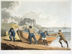 Sjømenn som drar en klinkbygget jolle opp på kysten, 1821 av Unbekannt