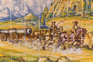 Segovia, Segovia-provinsen, Spania. Moderne maleri av keramiske fliser av artilleristykke fra 1500-tallet tegnet av hester. (bilde) av Unbekannt