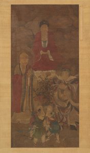 Shakyamuni med luohan, himmelsk konge, og gutter, tidlig på 1600-tallet. av Unbekannt