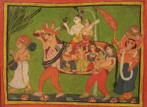 Shiva og Parvati på en sammensatt ku laget av sammensatte kvinner av Unbekannt