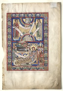 Enkeltblad utskåret fra en evangeliebok: Fødselen recto og St. Matteus verso, ca. 1190. av Unbekannt