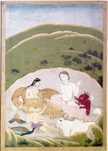 Siva og Parvati med barna deres, Ganesh og Karttikgya på Mount Kailash, c1745 av Unbekannt