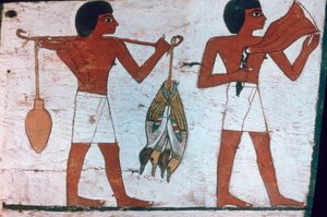 Slaver som bærer ofringer til Osiris, Sarkofagen til The Lady of Madja, 18. dynasti av Unbekannt