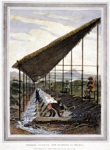 Slaver som vasker for diamanter overvåket av veiledere med pisk, Brasil, 1815 av Unbekannt