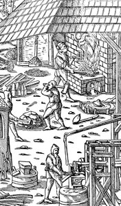 Smeltejern og hamrestenger med en mekanisk hammer, 1556 av Unbekannt
