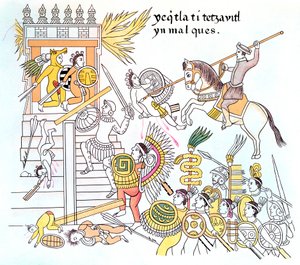 Spanske conquistadorer med deres innfødte Tlaxcalan-allierte angriper et aztekisk tempel, 1500-tallet av Unbekannt