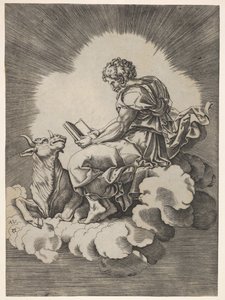 St. Luke, sittende på en sky med en åpen bok i begge hender, en okse som ligger på hans avgift..., etter 1518. av Unbekannt