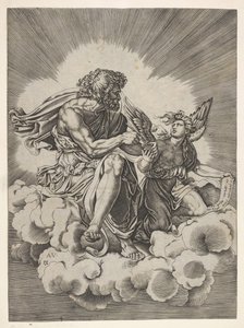 St. Matthew, sittende på en sky med bena i kors og dyppet en fjærpenn i et blekkhus..., etter 1518. av Unbekannt
