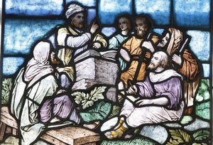 Farget glass: Abraham studerer Toraen med folket i Israel, Budapest, Hongrie av Unbekannt