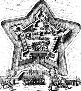 Star Fort forsvart av en vollgrav som kom under beleiring, 1617-1619 av Unbekannt