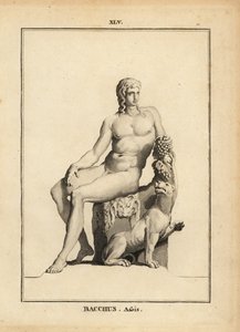 Statue av Bacchus, den romerske vinguden, sittende naken med en drueklase og en hund av Unbekannt