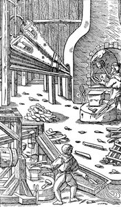 Stålproduksjon: en smie med belg for å produsere trekk, 1556 av Unbekannt