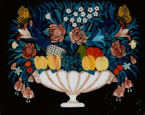 Stilleben - blomster og frukt i hvit og rosa skål, 1840-60.