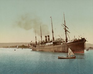 Suez-kanalen, skip som går inn i Rødehavet nær Port Tewfic, ca. 1900 (fargefotokrom) av Unbekannt