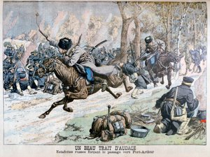 Overraskelsesangrep fra russisk kavaleri på veien til Port Arthur, russisk-japanske krigen, 1904 av Unbekannt