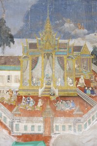 Sylver Pagoda Dette veggmaleriet viser scener fra Reamker, som er den kambodsjanske, eller Khmer, versjonen av det klassiske hinduistiske diktet Ramayana, Phnom Penh, Kambodsja av Unbekannt
