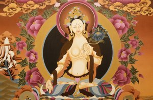 Thangka som skildrer White Tara-gudinnen, buddhistisk symbol på langt liv, Bhaktapur, Nepal