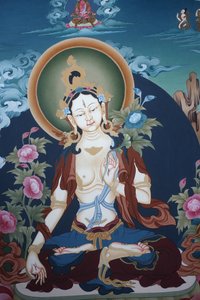 Thangka som skildrer White Tara-gudinnen, buddhistisk symbol på langt liv, Bhaktapur, Nepal