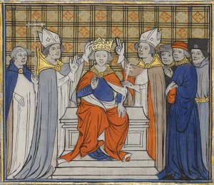 Ludvig IVs salvelse og kroning i Laon, 19. juni 936. Fra Grandes Chroniques de France, 15. av Unbekannt