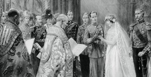 Hertugen av York plasserer ringen på Lady Elizabeth Bowes-Lyons finger, 26. april 1923, 1937 av Unbekannt