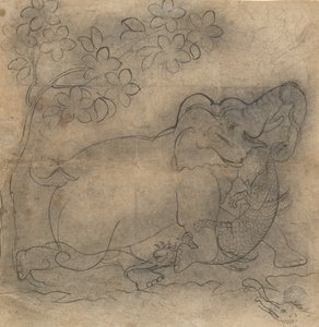 Elefantkongen wrestled a Crocodile: Illustrasjon fra en Gajendra Moksha-serie, sent på 1800-tallet. av Unbekannt